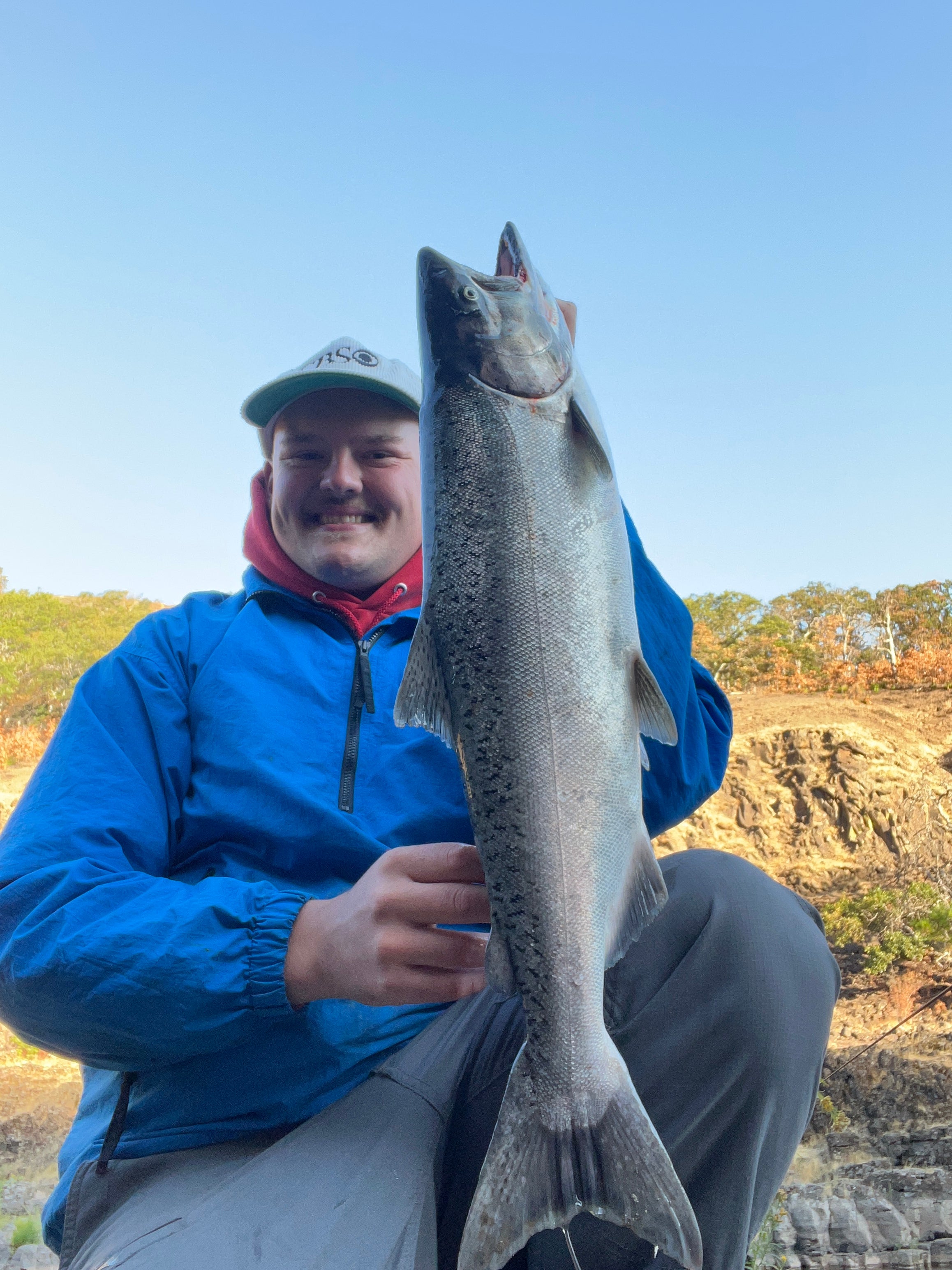 Person holding a large fish outdoors with a clear sky background